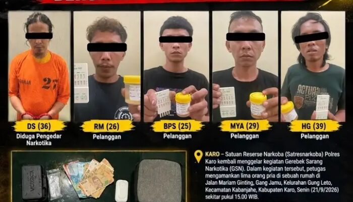 GSN Polres Karo Gerebek Rumah di Kabanjahe, Lima Pria Diamankan Bersama Sabu dan Ganja