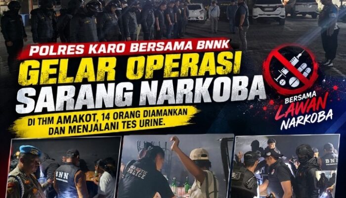 Polres Karo Bersama BNNK Gelar Operasi Sarang Narkoba di THM Amakot, 14 Orang diamankan dan menjalani Tes Urine.